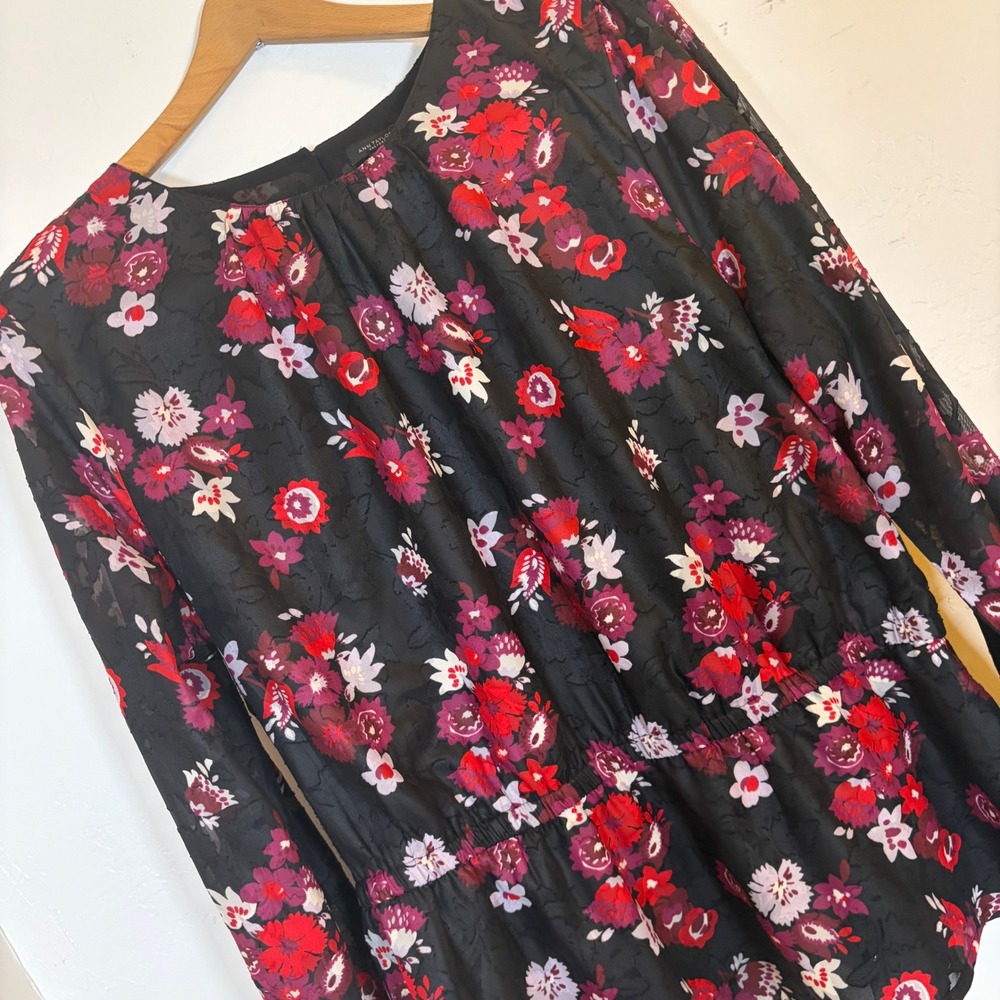 Ann Taylor Factory Floral Peplum Blouse Black Red Purple‎ Long Sleeve Size L